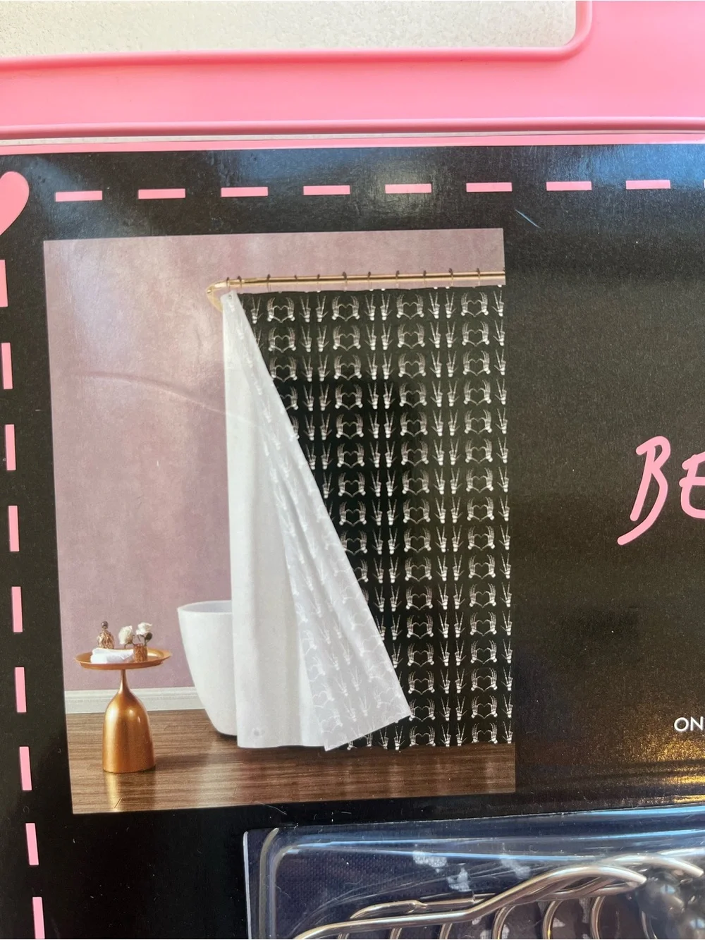 Betsey Johnson Halloween Black & White Skeleton Hand Heart Shower Curtain Set
